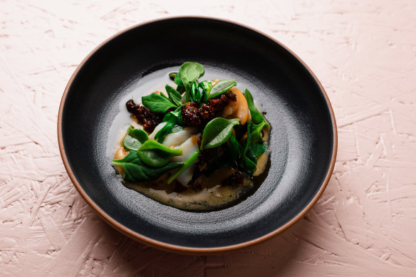 Steamed whiting with XO butter and green garlic.