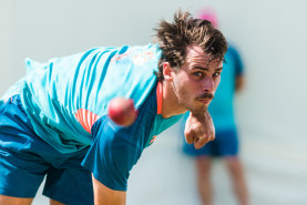 Lance Morris bowls in the SCG nets on Monday ahead of the Sydney Test.