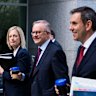 Finance Minister Katy Gallagher, Anthony Albanese and Jim Chalmers with the 2022 federal budget. Without reform, it may be one of the last budgets to end up in surplus.