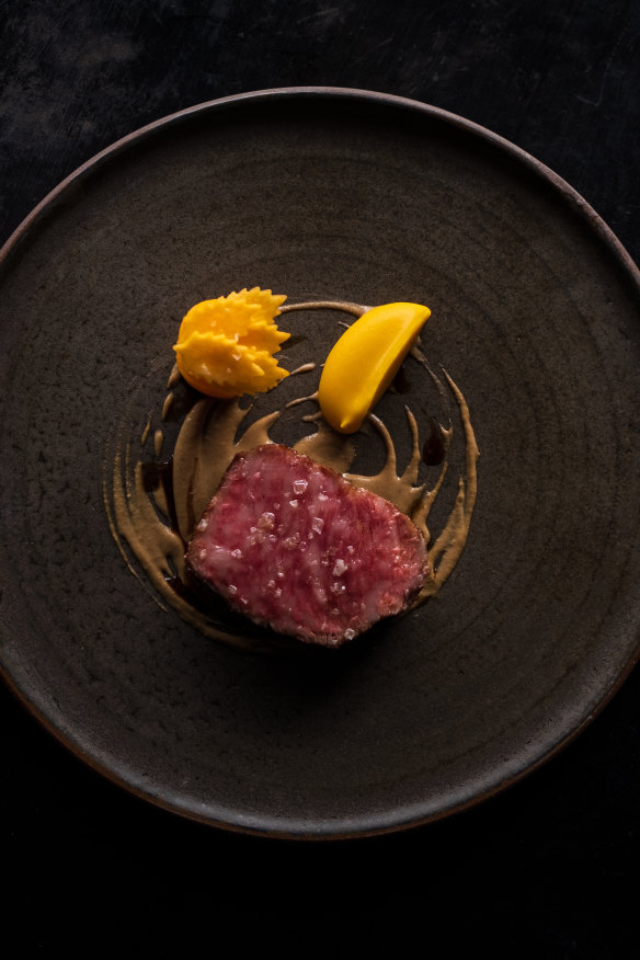 Blackmore wagyu with pureed and pickled pumpkin.