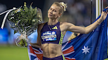 Eleanor Patterson celebrates being crowned a Diamond League champion.