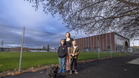 West Melbourne mother of two Mary Masters is concerned that with a single developer likely to take on the Arden Precint project, essential services such as schools or parks are at risk unless strict rules are in place or sites are set aside by the government.
Pictured with sons Gideon, 8, and Rupert, 6 and dog Maeby.