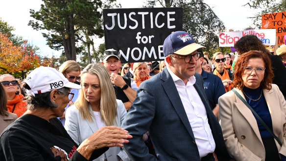 Australian Prime Minister Anthony Albanese attends a rally to a call for action to end violence against women, in Canberra on Sunday