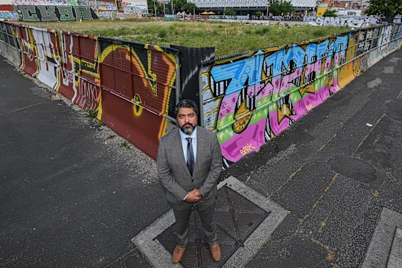 Maribyrnong Mayor Pradeep Tiwari at the site of the Little Saigon Market, which burnt down in 2016.