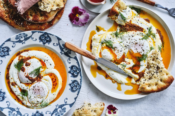 Cilbir with Ramazan pidesi (Turkish-style eggs and flatbread).