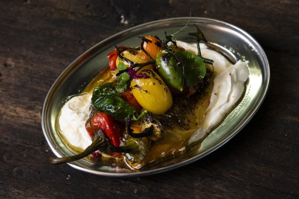 Whipped feta haydari, coal-roasted peppers, confit cherry tomato and wild thyme.