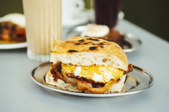 Bacon and egg with focaccia.