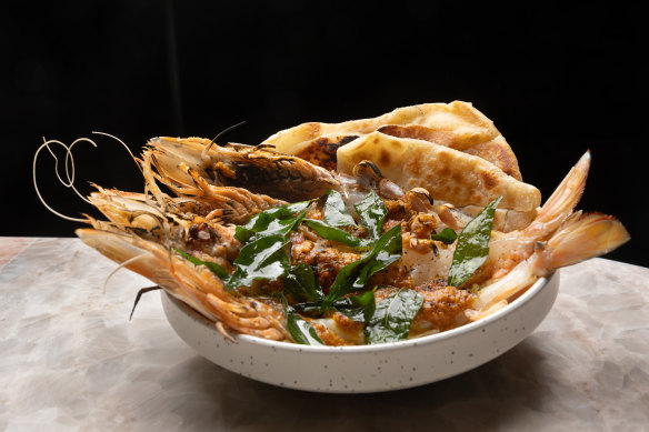 Grilled king prawns with side of piaya (flatbread with miso onions) at Askal.