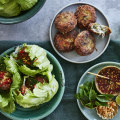 Pork, bean thread vermicelli and makrut lime patties with lettuce, peanuts and Thai dressing.