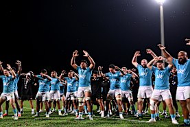Moana Pasifika performing the Tau Moana for Abraham Pole’s 50th match in March.