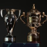 The two Rugby World Cups. The Women’s World Cup trophy (left) and the William Webb Ellis Cup.