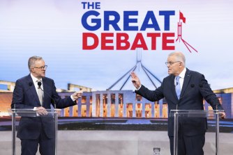 Opposition Leader Anthony Albanese and Prime Minister Scott Morrison during the second leaders’ debate of the 2022 federal election campaign at the Nine studio in Sydney.