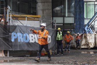 Nothing in the post: Workers at Probuild’s Ribbon Project site at Sydney’s Darling Harbour last week.