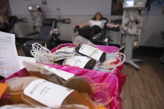 Bags of plasma and blood at the Blood Donation Centre at Town Hall in Sydney.