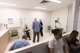 Patients in the waiting area at Sydney West COVID Vaccine Centre earlier this month.
