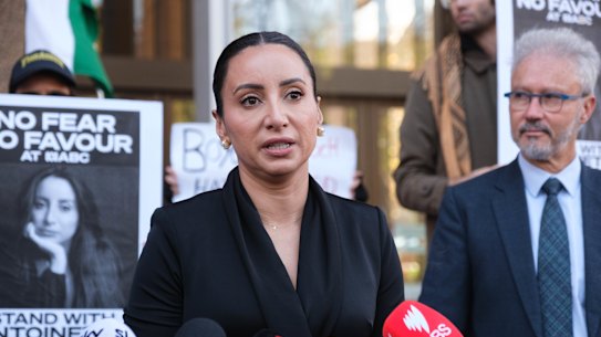 Antoinette Lattouf at the Supreme Court of NSW, flanked by her lawyer Josh Bornstein. 
