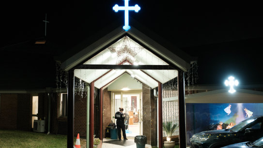 Outside Christ the Good Shepherd Church in Wakeley on Tuesday, the morning after Bishop Mar Mari Emmanuel was stabbed.