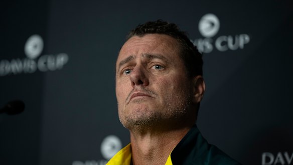 Lleyton Hewitt fronted the media after receiving his two-week ban.