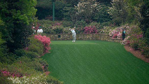 Cameron Young hits from the 13th tee after Augusta National extended the length of the hole this year.