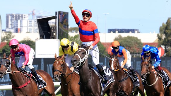 James McDonald points to the sky as Verry Elleegant wins the Ranvet Stakes. 