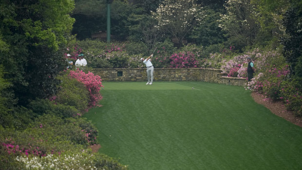 Cameron Young hits from the 13th tee after Augusta National extended the length of the hole this year.