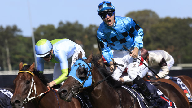 Tommy Berry is jubilant after winning the Rosehill Guineas on Mo’unga in March.