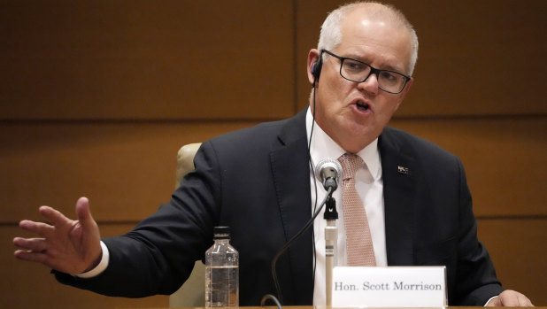Former prime minister Scott Morrison speaks during a symposium of the Inter-Parliamentary Alliance on China in Tokyo last month.