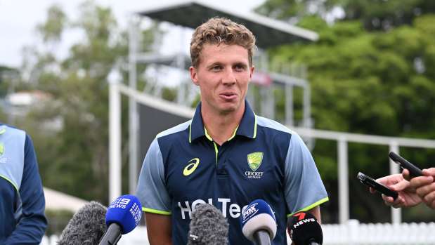 Nathan McSweeney speaks to the media on Wednesday at Allan Border Field.