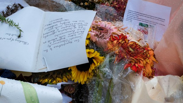 The flower memorial for massacre victims at Bondi Beach.