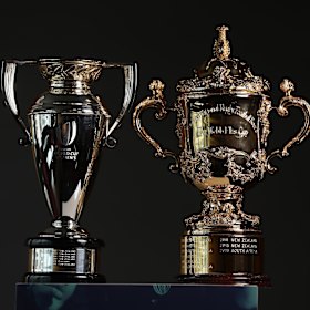 The two Rugby World Cups. The Women’s World Cup trophy (left) and the William Webb Ellis Cup.