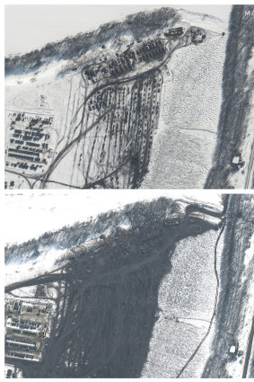 Satellite images provided by Maxar Technologies shows a movement of equipment from a military garrison in Soloti, Russia, about 15 miles (25 kilometers) north of the border with eastern Ukraine.