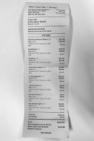 Receipt for Elizabeth Flux’s lunch with Anne-Louise Sarks at Miss Pearl Bar + Dining in Southbank