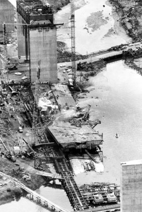 Aerial shot of the collapse of the West Gate Bridge in October 1970.