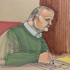 A court sketch of Robert Bowers taking notes during the sentencing hearing.