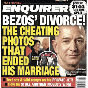 The front page of the January 28, 2019, edition of the National Enquirer featuring a story about Amazon founder and CEO Jeff Bezos' divorce. 