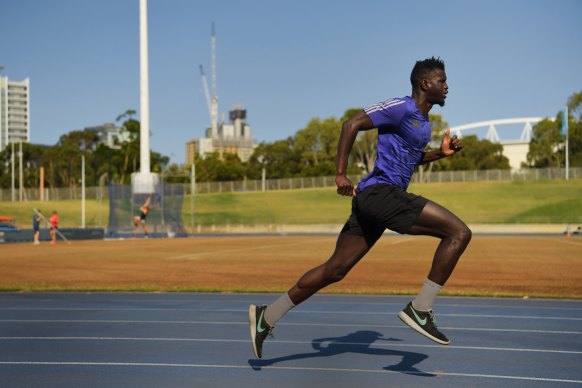 Back on track: Abdoulie "Busta" Assim trains at Olympic Park. 