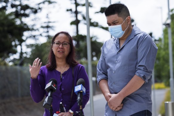 Caitlin’s parents, Mitch and Marie Cruz, speak outside the Coroner’s Court on Tuesday.