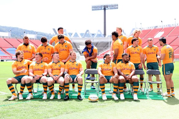 Wallabies players assemble for a team photograph before the Wallabies Captain’s Run at Hanazono Rugby Stadium.