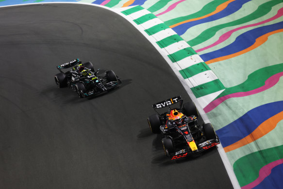 Seven-time world champion Lewis Hamilton (Mercedes AMG Petronas) trails Red Bull’s Max Verstappen during the F1 Grand Prix of Saudi Arabia at Jeddah Corniche Circuit on Sunday.
