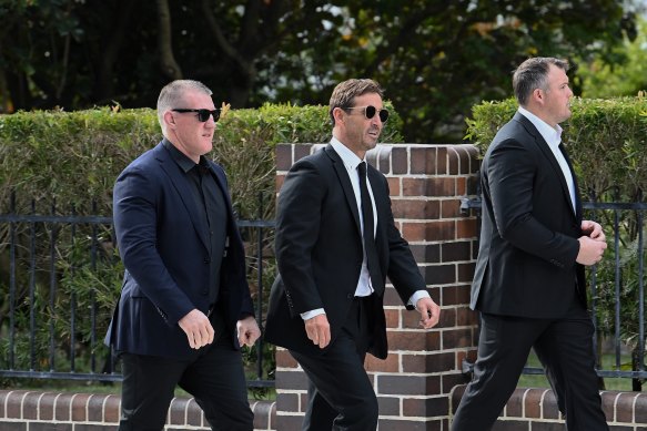 Rugby league identities Paul Gallen, Andrew Johns and Josh Morris arrive for the funeral of David Morrow.