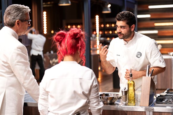  Vinnie Gibaldi with judge Jean-Christophe Novelli and Cherish Finden during the MasterChef Australia final.