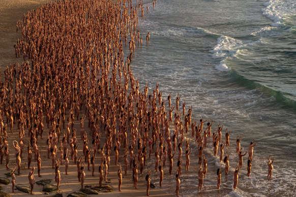 About 2500 people participated in Spencer Tunick’s installation at Bondi Beach on Saturday.