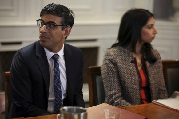 British Prime Minister Rishi Sunak, left, and former home secretary Suella Braverman, who was the architect of the plan. Braverman was sacked on Monday during a cabinet reshuffle.