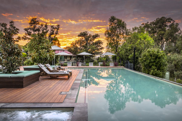 The retreat’s lap pool is shaded and private. 