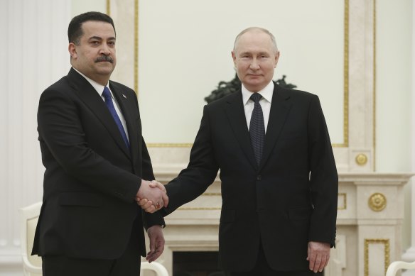 Russian President Vladimir Putin (right) and Iraq’s Prime Minister Mohammed al-Sudani before their talks at the Kremlin in Moscow.