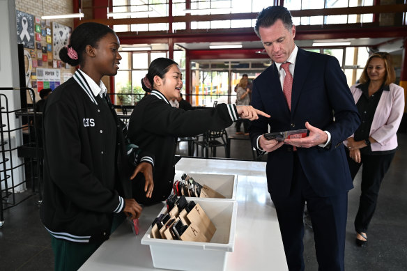NSW Premier Chris Minns  at Condell Park High School, where a phone ban has already been in place for 16 years.