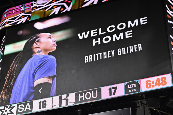 The scoreboard during an NBA game between the Houston Rockets and the San Antonio Spurs welcomes the release of WNBA star Brittney Griner.