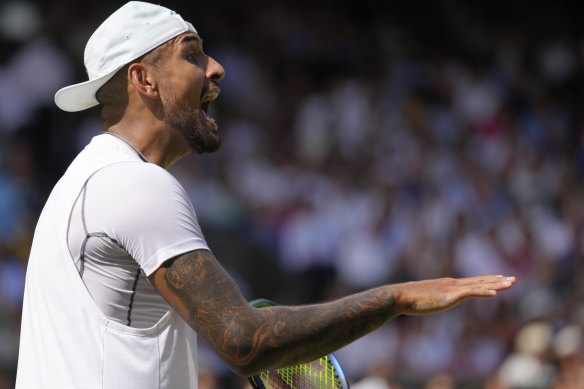Nick Kyrgios shouts towards his support team during the final of the men’s singles.