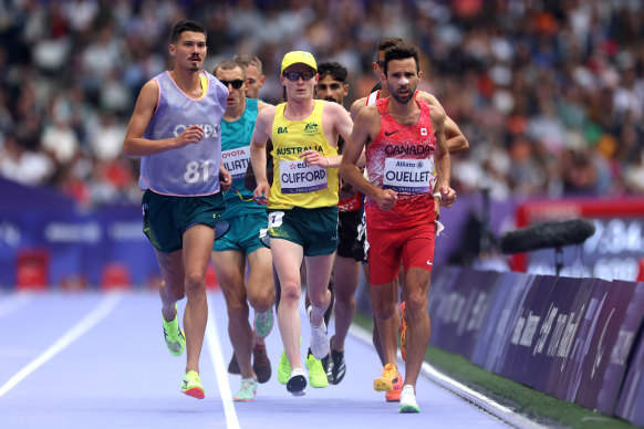 Jaryd Clifford and guide Matthew Clarke during the 5000m final (T13) on Saturday in Paris. 