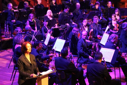Former prime minister Julia Gillard speaks at the state memorial service for opera singer Dame Joan Sutherland in 2010, one of the few state services held for a woman.